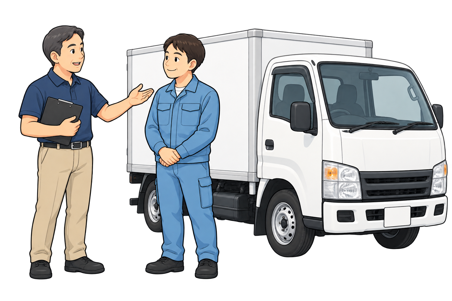 トラックの前で安全を確認する講師と社員のイラスト