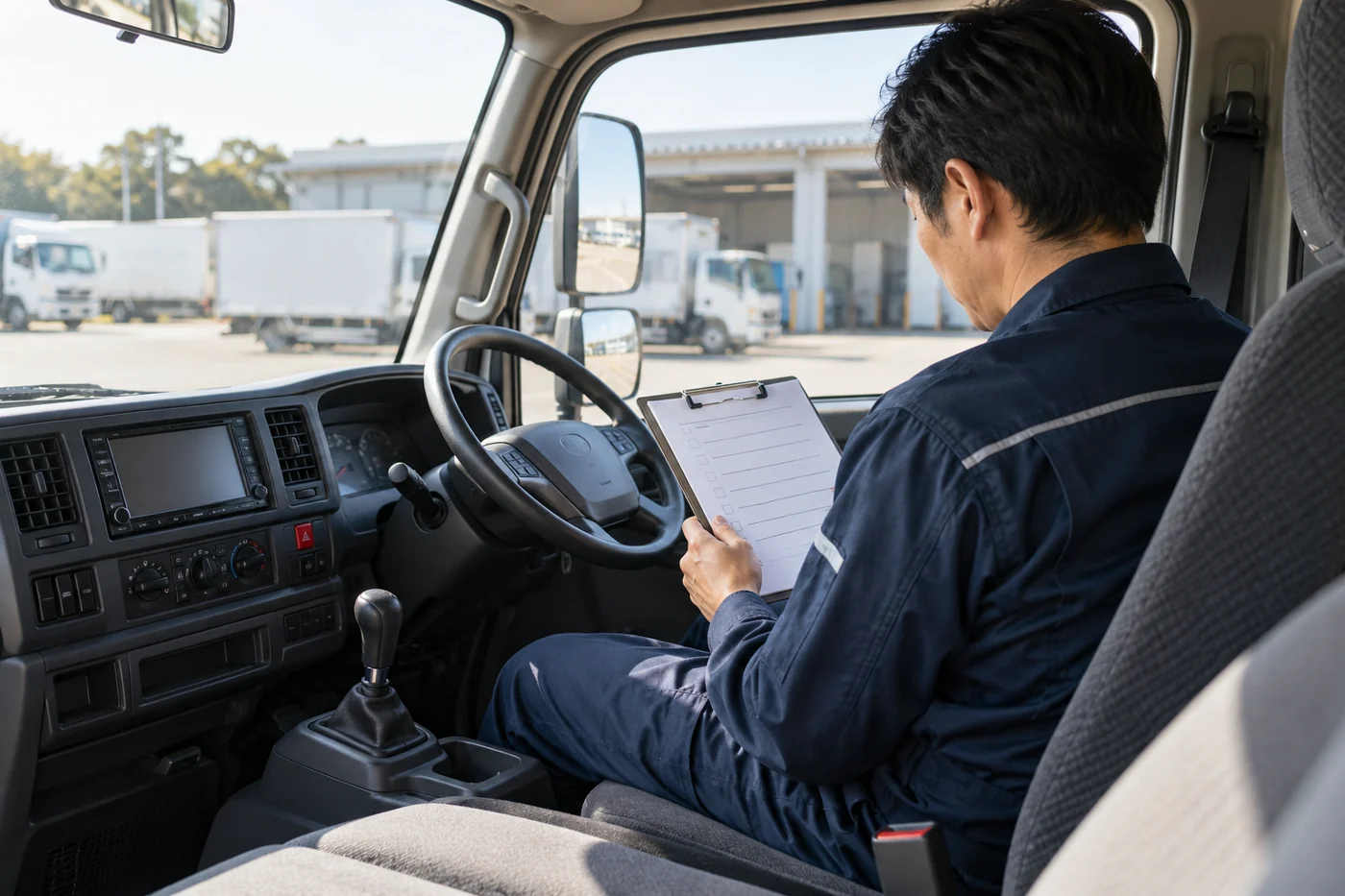 停車中の車内で確認事項を振り返るイメージ